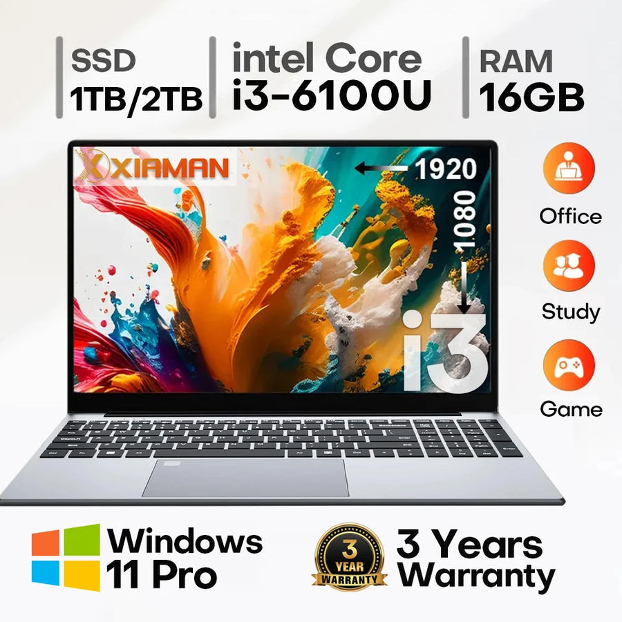 Xiaman 15.6" Intel Core i3 6100U Laptop Windows 11 Pro 16GB RAM 512GB 1TB SSD Laptop Notebook PC Office Study Laptops