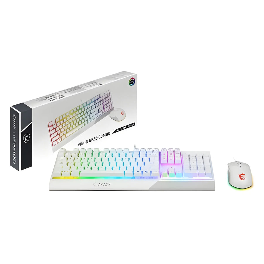 MSI Vigor GK30 White combo with RGB lighting, features a semi-mechanical keyboard with anti-ghosting and an optical mouse with 5000 DPI for immersive gaming experience, ideal for gamers seeking performance and style. Zentrospro