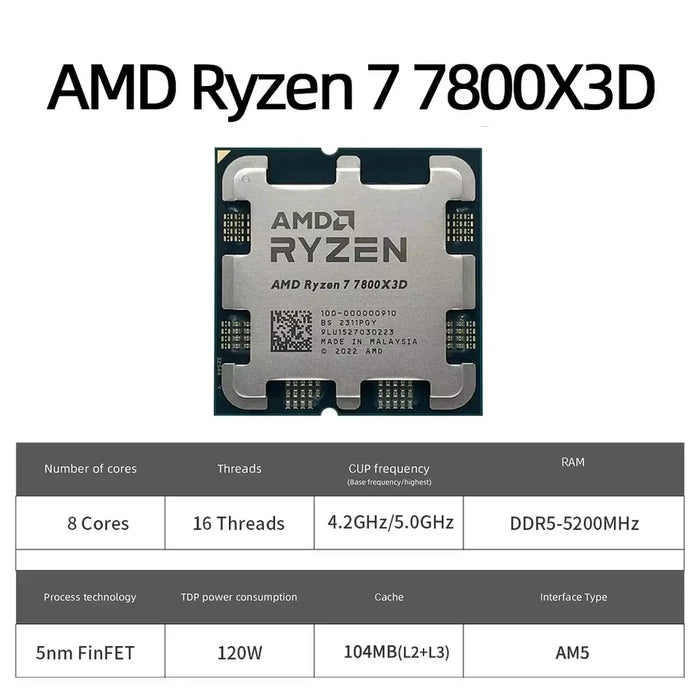 AMD Ryzen 7 7800X3D Procesador R7 7800X3D 5.0 GHz 8-Core 16-Thread CPU Procesador 5NM 96M Socket AM5 Motherboard Support X670/B650