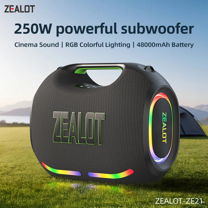 ZEALOT-ZE21 250W Portable Bluetooth Speaker High Volume Waterproof 48000mAh Wireless TWS Subwoofer Suporrt USB/TF/AUX RGB light Zentrospro